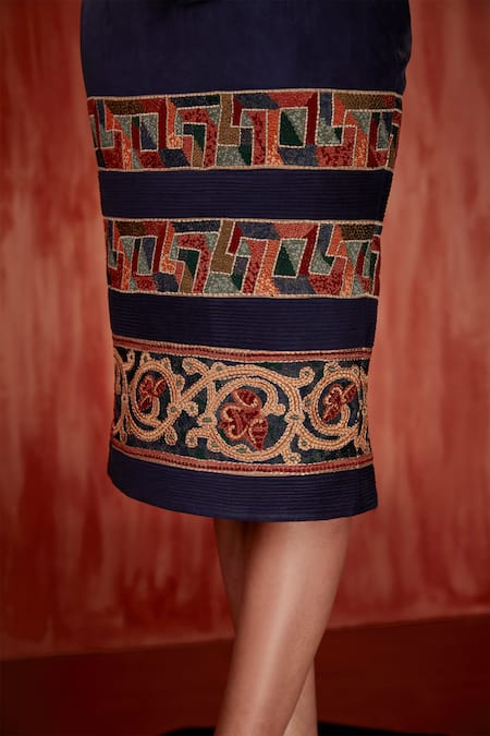 Nikita Mhaisalkar Blue Faux Leather Embroidery Tile Thread Pencil Skirt Online at Aza Fashions Nikita Mhaisalkar_Blue Faux Leather Embroidery Tile Thread Pencil Skirt _Online_at_Aza_Fashions