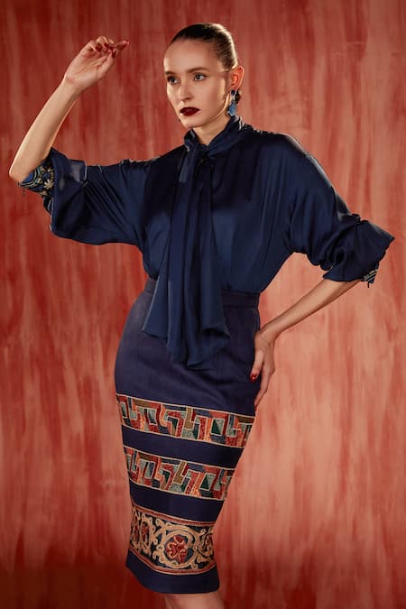 Buy Nikita Mhaisalkar Blue Faux Leather Embroidery Tile Thread Pencil Skirt Online at Aza Fashions Buy_Nikita Mhaisalkar_Blue Faux Leather Embroidery Tile Thread Pencil Skirt _Online_at_Aza_Fashions