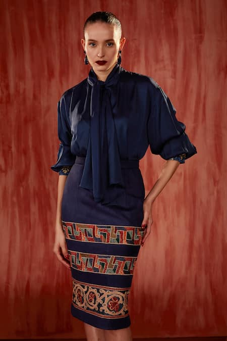 Nikita Mhaisalkar Blue Faux Leather Embroidery Tile Thread Pencil Skirt at Aza Fashions Nikita Mhaisalkar_Blue Faux Leather Embroidery Tile Thread Pencil Skirt _at_Aza_Fashions