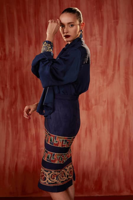 Buy Nikita Mhaisalkar Blue Faux Leather Embroidery Tile Thread Pencil Skirt Buy_Nikita Mhaisalkar_Blue Faux Leather Embroidery Tile Thread Pencil Skirt