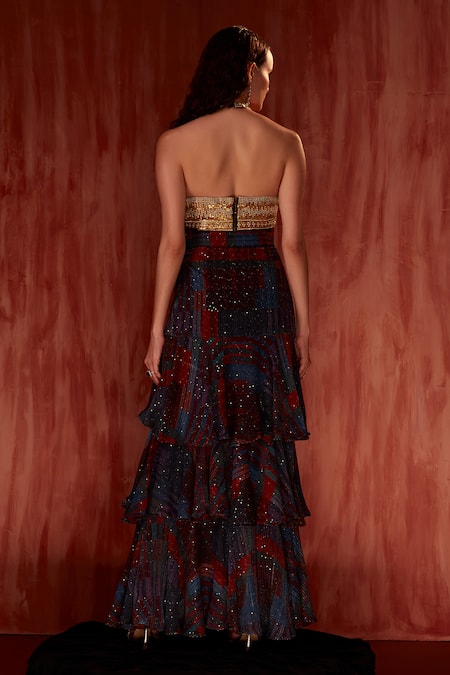 Shop_Nikita Mhaisalkar_Gold Tulle Embroidery Halter Neck Mosaic Brick Bralette _at_Aza_Fashions