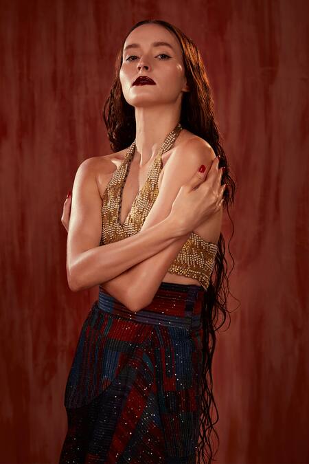 Nikita Mhaisalkar_Gold Tulle Embroidery Halter Neck Mosaic Brick Bralette _at_Aza_Fashions