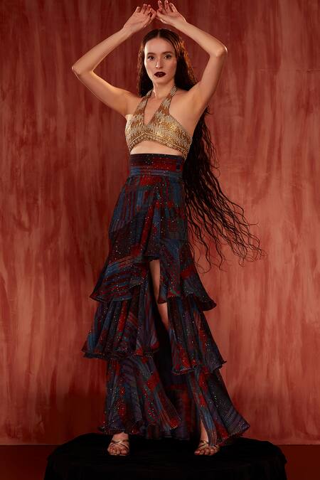 Buy_Nikita Mhaisalkar_Gold Tulle Embroidery Halter Neck Mosaic Brick Bralette 