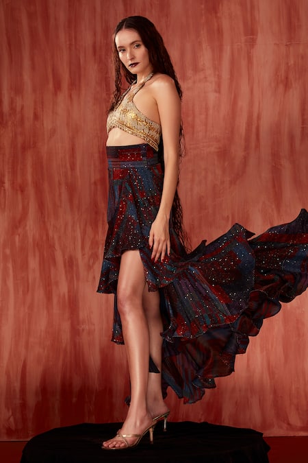 Nikita Mhaisalkar Multi Color Georgette Sequins Tangerine Tile Print Ruffle Slit Skirt Online at Aza Fashions Nikita Mhaisalkar_Multi Color Georgette Sequins Tangerine Tile Print Ruffle Slit Skirt _Online_at_Aza_Fashions
