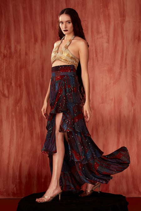 Buy Nikita Mhaisalkar Multi Color Georgette Sequins Tangerine Tile Print Ruffle Slit Skirt Online at Aza Fashions Buy_Nikita Mhaisalkar_Multi Color Georgette Sequins Tangerine Tile Print Ruffle Slit Skirt _Online_at_Aza_Fashions