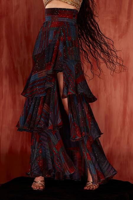 Shop Nikita Mhaisalkar Multi Color Georgette Sequins Tangerine Tile Print Ruffle Slit Skirt Online at Aza Fashions Shop_Nikita Mhaisalkar_Multi Color Georgette Sequins Tangerine Tile Print Ruffle Slit Skirt _Online_at_Aza_Fashions
