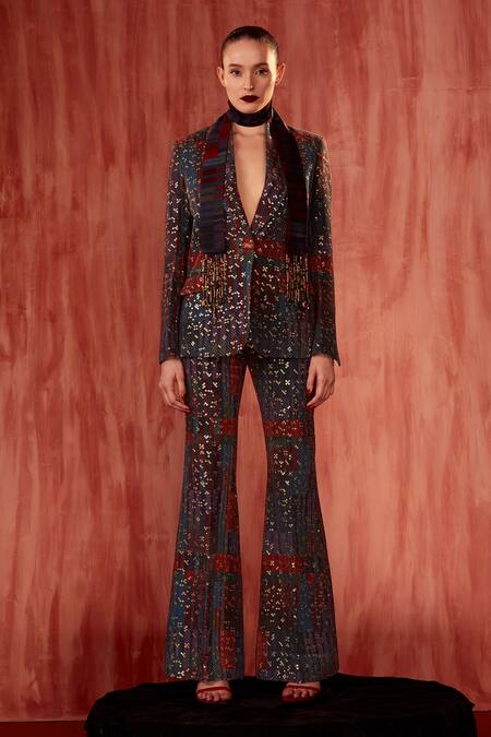 Nikita Mhaisalkar Multi Color Georgette Sequins Tangerine Tile Print Blazer And Pant Co-ord Set Online at Aza Fashions Nikita Mhaisalkar_Multi Color Georgette Sequins Tangerine Tile Print Blazer And Pant Co-ord Set _Online_at_Aza_Fashions