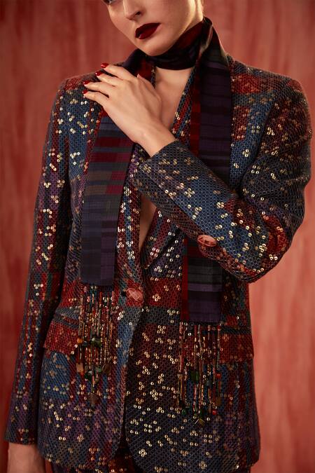 Buy Nikita Mhaisalkar Multi Color Georgette Sequins Tangerine Tile Print Blazer And Pant Co-ord Set Online at Aza Fashions Buy_Nikita Mhaisalkar_Multi Color Georgette Sequins Tangerine Tile Print Blazer And Pant Co-ord Set _Online_at_Aza_Fashions