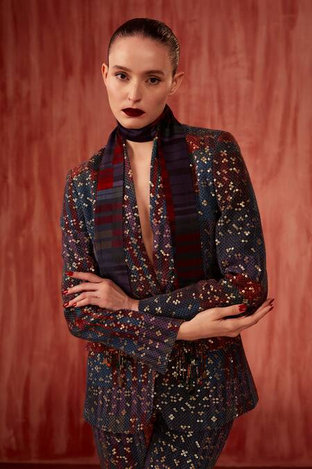 Nikita Mhaisalkar Multi Color Georgette Sequins Tangerine Tile Print Blazer And Pant Co-ord Set at Aza Fashions Nikita Mhaisalkar_Multi Color Georgette Sequins Tangerine Tile Print Blazer And Pant Co-ord Set _at_Aza_Fashions