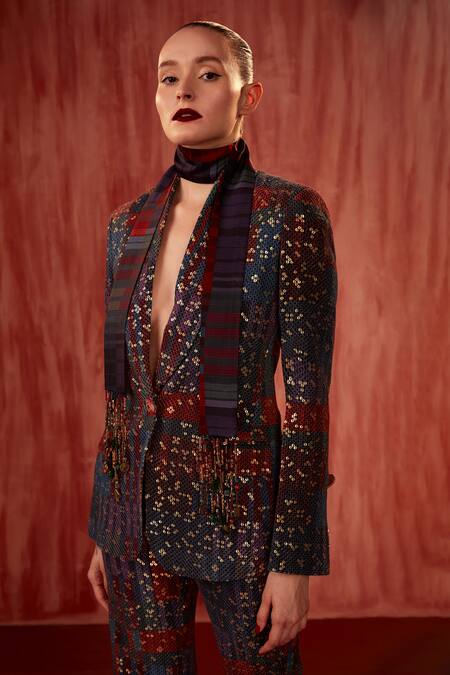 Buy Nikita Mhaisalkar Multi Color Georgette Sequins Tangerine Tile Print Blazer And Pant Co-ord Set Buy_Nikita Mhaisalkar_Multi Color Georgette Sequins Tangerine Tile Print Blazer And Pant Co-ord Set