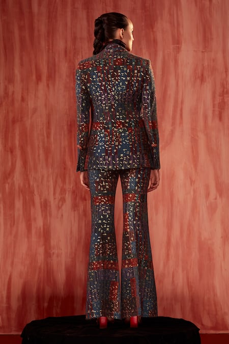 Shop Nikita Mhaisalkar Multi Color Georgette Sequins Tangerine Tile Print Blazer And Pant Co-ord Set at Aza Fashions Shop_Nikita Mhaisalkar_Multi Color Georgette Sequins Tangerine Tile Print Blazer And Pant Co-ord Set _at_Aza_Fashions