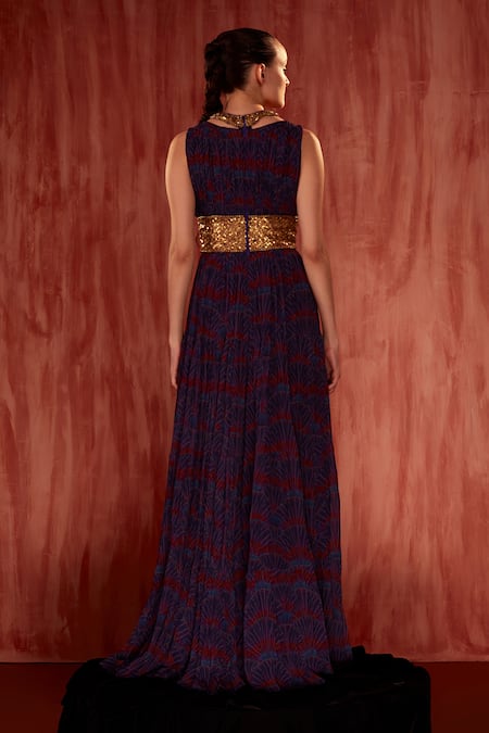 Shop Nikita Mhaisalkar Multi Color Georgette Embroidery Plunge Neck Overtine Greek Art Print Maxi Dress at Aza Fashions Shop_Nikita Mhaisalkar_Multi Color Georgette Embroidery Plunge Neck Overtine Greek Art Print Maxi Dress _at_Aza_Fashions