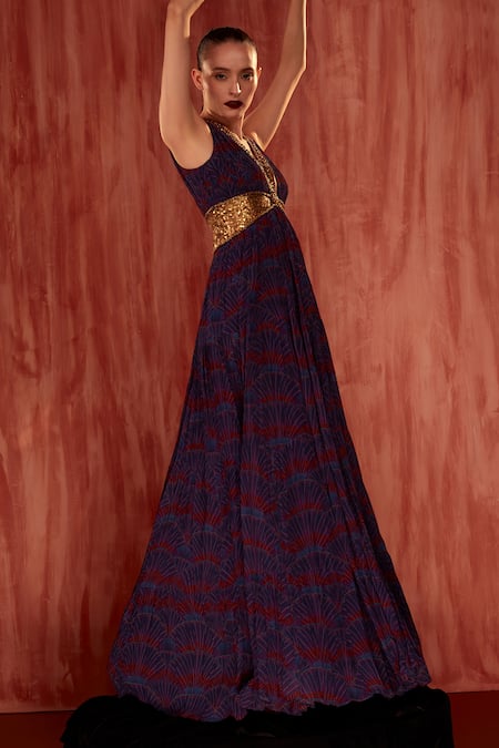 Buy Nikita Mhaisalkar Multi Color Georgette Embroidery Plunge Neck Overtine Greek Art Print Maxi Dress Online at Aza Fashions Buy_Nikita Mhaisalkar_Multi Color Georgette Embroidery Plunge Neck Overtine Greek Art Print Maxi Dress _Online_at_Aza_Fashions