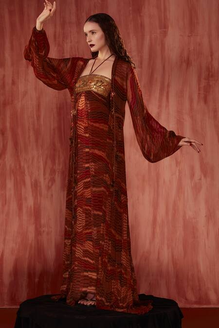 Nikita Mhaisalkar_Orange Chiffon Embroidery Square Neck Byzantine Halter Maxi Dress _Online_at_Aza_Fashions