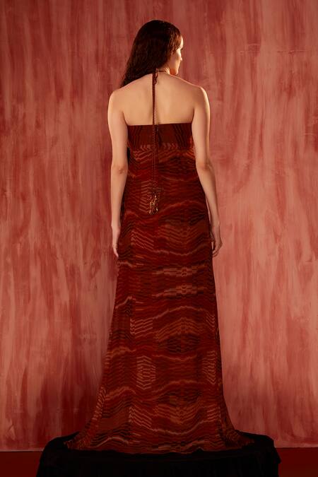 Buy_Nikita Mhaisalkar_Orange Chiffon Embroidery Square Neck Byzantine Halter Maxi Dress _Online_at_Aza_Fashions