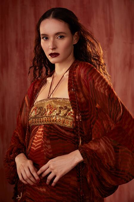 Nikita Mhaisalkar_Orange Chiffon Embroidery Square Neck Byzantine Halter Maxi Dress _at_Aza_Fashions