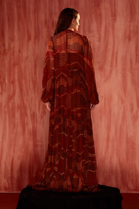 Shop Nikita Mhaisalkar Orange Chiffon Tassels Tangerine Byzantine Print Jacket at Aza Fashions Shop_Nikita Mhaisalkar_Orange Chiffon Tassels Tangerine Byzantine Print Jacket _at_Aza_Fashions