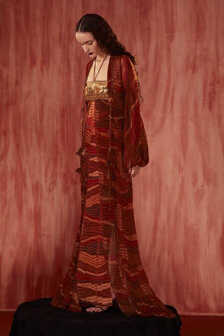 Buy Nikita Mhaisalkar Orange Chiffon Tassels Tangerine Byzantine Print Jacket Online at Aza Fashions Buy_Nikita Mhaisalkar_Orange Chiffon Tassels Tangerine Byzantine Print Jacket _Online_at_Aza_Fashions