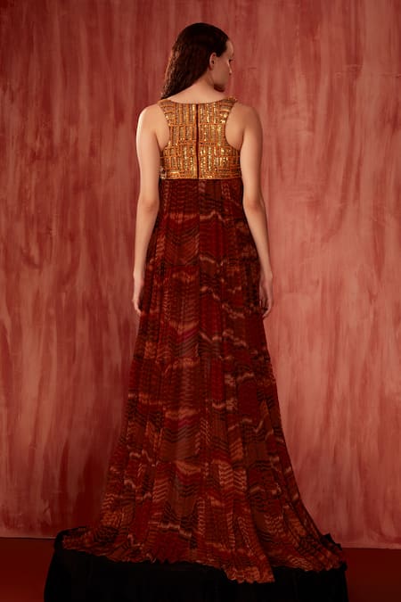 Shop Nikita Mhaisalkar Orange Chiffon Embroidery Scoop Neck Byzantine Print Maxi Dress at Aza Fashions Shop_Nikita Mhaisalkar_Orange Chiffon Embroidery Scoop Neck Byzantine Print Maxi Dress _at_Aza_Fashions