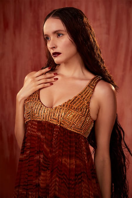 Nikita Mhaisalkar Orange Chiffon Embroidery Scoop Neck Byzantine Print Maxi Dress Online at Aza Fashions Nikita Mhaisalkar_Orange Chiffon Embroidery Scoop Neck Byzantine Print Maxi Dress _Online_at_Aza_Fashions