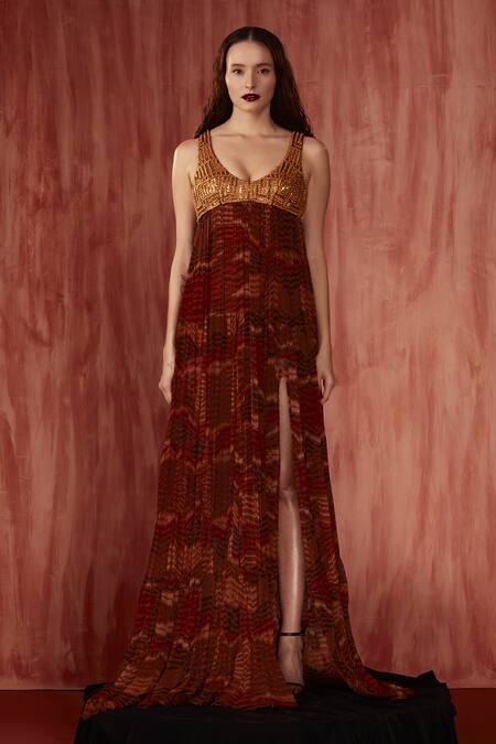 Buy Nikita Mhaisalkar Orange Chiffon Embroidery Scoop Neck Byzantine Print Maxi Dress Online at Aza Fashions Buy_Nikita Mhaisalkar_Orange Chiffon Embroidery Scoop Neck Byzantine Print Maxi Dress _Online_at_Aza_Fashions