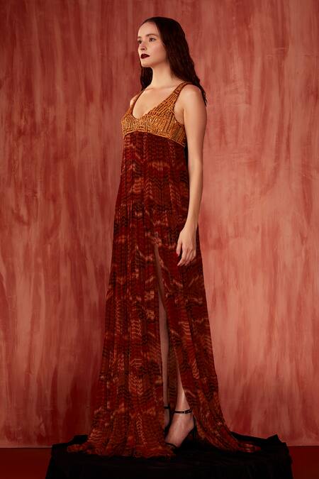Shop Nikita Mhaisalkar Orange Chiffon Embroidery Scoop Neck Byzantine Print Maxi Dress Online at Aza Fashions Shop_Nikita Mhaisalkar_Orange Chiffon Embroidery Scoop Neck Byzantine Print Maxi Dress _Online_at_Aza_Fashions
