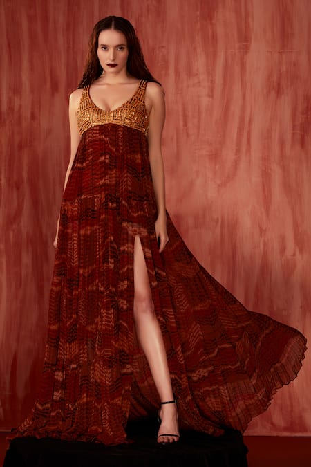 Nikita Mhaisalkar Orange Chiffon Embroidery Scoop Neck Byzantine Print Maxi Dress at Aza Fashions Nikita Mhaisalkar_Orange Chiffon Embroidery Scoop Neck Byzantine Print Maxi Dress _at_Aza_Fashions