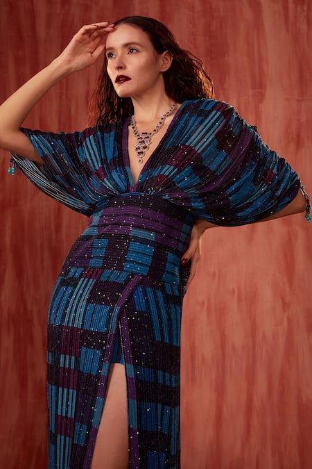 Nikita Mhaisalkar Blue Georgette Sequins, Stones V-neck Tile Print Slit Dress Online at Aza Fashions Nikita Mhaisalkar_Blue Georgette Sequins, Stones V-neck Tile Print Slit Dress _Online_at_Aza_Fashions