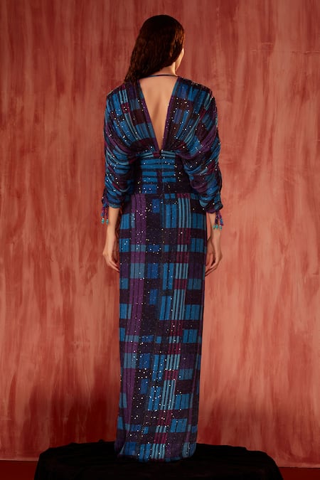 Shop Nikita Mhaisalkar Blue Georgette Sequins, Stones V-neck Tile Print Slit Dress at Aza Fashions Shop_Nikita Mhaisalkar_Blue Georgette Sequins, Stones V-neck Tile Print Slit Dress _at_Aza_Fashions