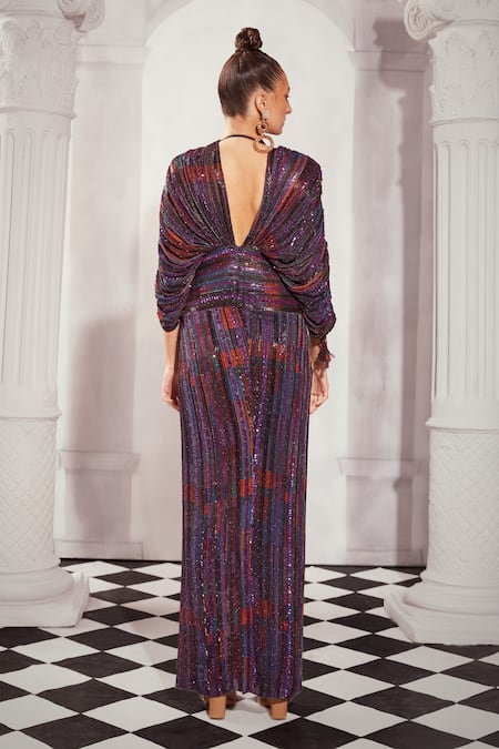 Shop_Nikita Mhaisalkar_Multi Color Georgette Sequins, Stones Plunge Tangerine Tile Print Slit Dress _at_Aza_Fashions