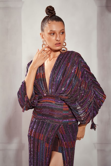 Nikita Mhaisalkar_Multi Color Georgette Sequins, Stones Plunge Tangerine Tile Print Slit Dress _Online_at_Aza_Fashions