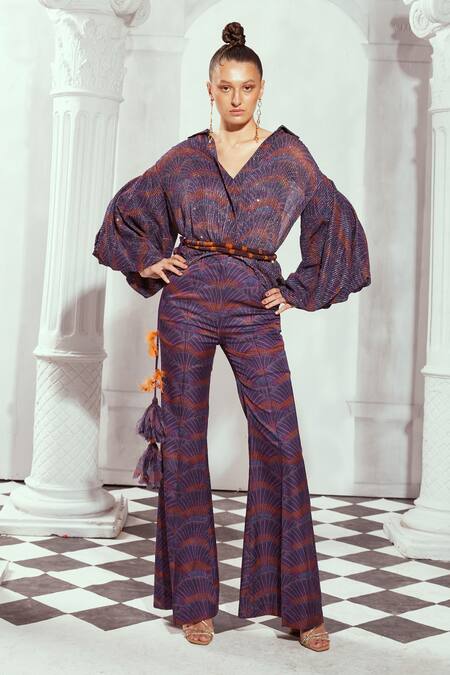 Nikita Mhaisalkar_Multi Color Georgette Sequins Overtine Greek Art Print Balloon Sleeved Top _Online_at_Aza_Fashions
