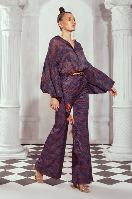 Nikita Mhaisalkar_Multi Color Georgette Sequins Overtine Greek Art Print Balloon Sleeved Top _at_Aza_Fashions