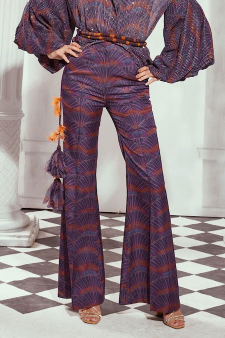 Nikita Mhaisalkar_Multi Color Silk Satin Sequins Overtine Greek Art Print Flared Trouser _Online_at_Aza_Fashions