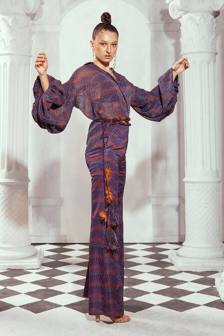 Buy_Nikita Mhaisalkar_Multi Color Silk Satin Sequins Overtine Greek Art Print Flared Trouser _Online_at_Aza_Fashions