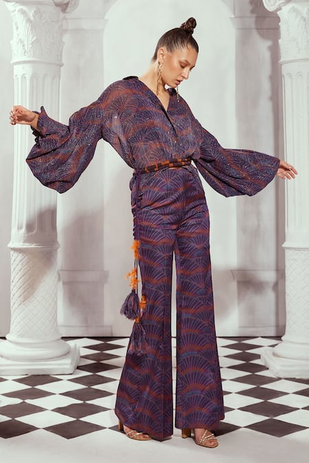 Shop_Nikita Mhaisalkar_Multi Color Silk Satin Sequins Overtine Greek Art Print Flared Trouser _Online_at_Aza_Fashions
