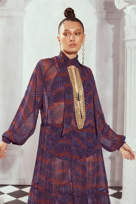 Nikita Mhaisalkar_Multi Color Georgette Sequins High Overtine Art Greek Print Sheer Maxi Dress _Online_at_Aza_Fashions