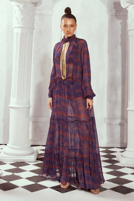 Buy_Nikita Mhaisalkar_Multi Color Georgette Sequins High Overtine Art Greek Print Sheer Maxi Dress _Online_at_Aza_Fashions