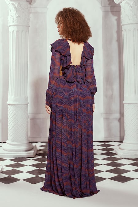 Shop_Nikita Mhaisalkar_Multi Color Georgette Overtine Art Greek Print Frill Gown With Rattan Griddle _at_Aza_Fashions