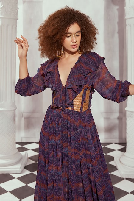 Nikita Mhaisalkar_Multi Color Georgette Overtine Art Greek Print Frill Gown With Rattan Griddle _Online_at_Aza_Fashions