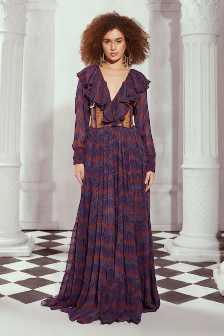 Buy_Nikita Mhaisalkar_Multi Color Georgette Overtine Art Greek Print Frill Gown With Rattan Griddle _Online_at_Aza_Fashions