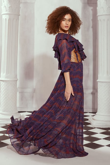 Shop_Nikita Mhaisalkar_Multi Color Georgette Overtine Art Greek Print Frill Gown With Rattan Griddle _Online_at_Aza_Fashions