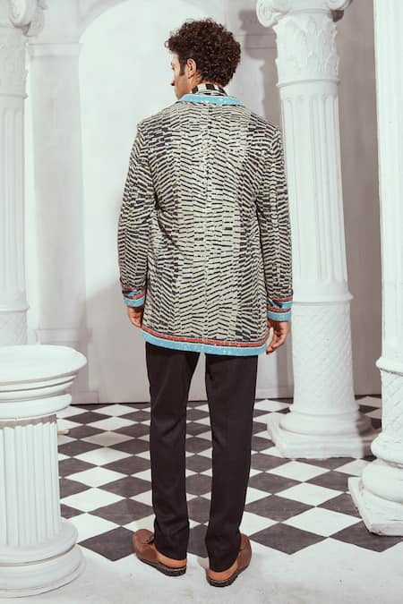 Shop Nikita Mhaisalkar Black Georgette Sequins, Embroidery Byzantine Print Trench Jacket at Aza Fashions Shop_Nikita Mhaisalkar_Black Georgette Sequins, Embroidery Byzantine Print Trench Jacket _at_Aza_Fashions