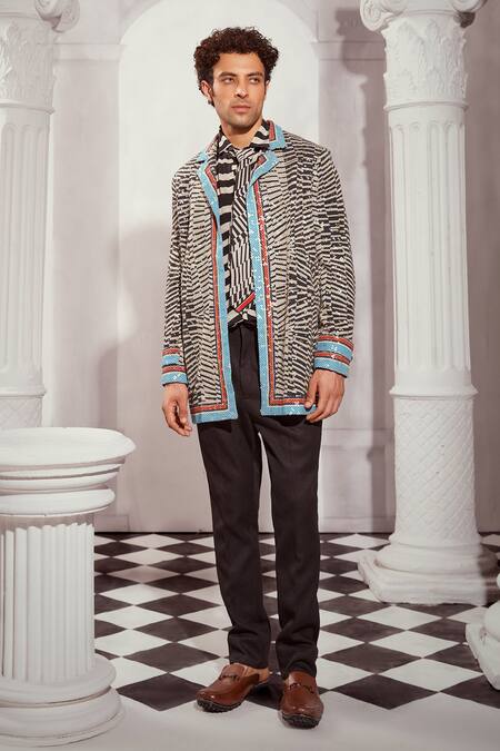 Nikita Mhaisalkar Black Georgette Sequins, Embroidery Byzantine Print Trench Jacket Online at Aza Fashions Nikita Mhaisalkar_Black Georgette Sequins, Embroidery Byzantine Print Trench Jacket _Online_at_Aza_Fashions