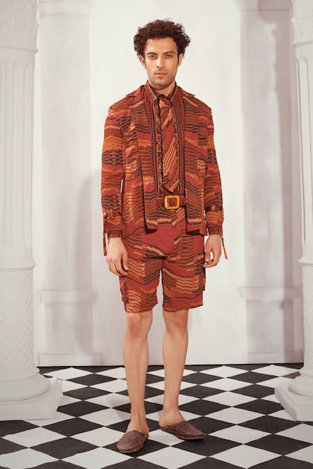 Nikita Mhaisalkar Orange Georgette Byzantine Print Shorts at Aza Fashions Nikita Mhaisalkar_Orange Georgette Byzantine Print Shorts _at_Aza_Fashions