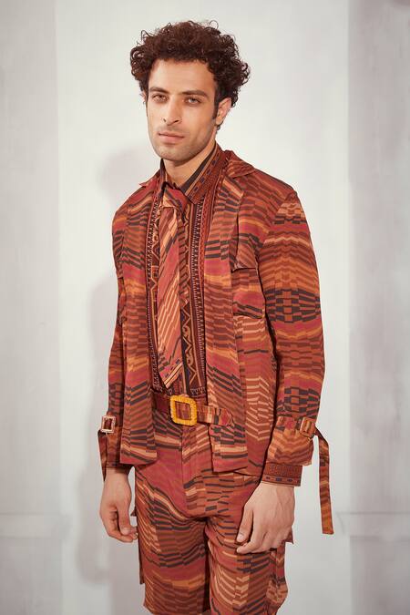 Nikita Mhaisalkar_Orange Georgette Embroidery Byzanite Print Full Sleeve Shirt _Online_at_Aza_Fashions