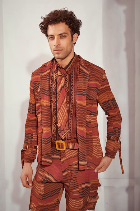 Buy_Nikita Mhaisalkar_Orange Georgette Embroidery Byzanite Print Full Sleeve Shirt _Online_at_Aza_Fashions