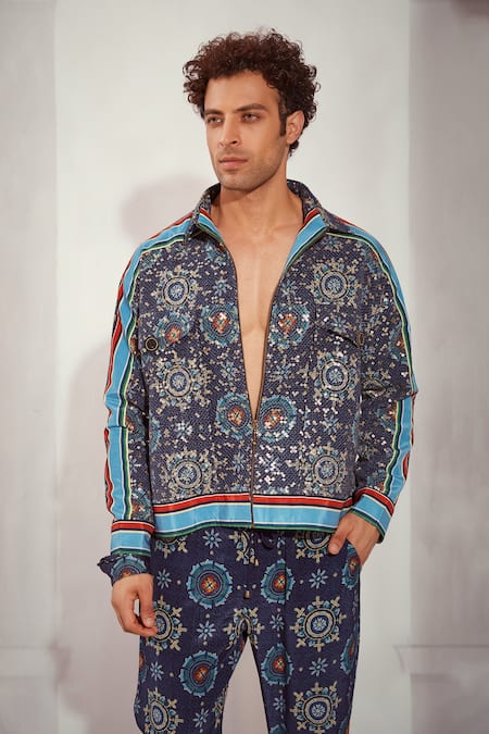 Nikita Mhaisalkar Blue Sheeted Georgette Printed Mosaic Bomber Jacket 