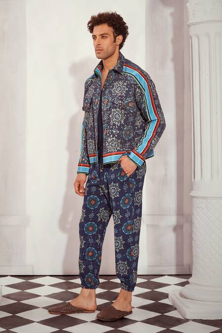 Nikita Mhaisalkar Blue Georgette Mosaic Print Bomber Jacket Online at Aza Fashions Nikita Mhaisalkar_Blue Georgette Mosaic Print Bomber Jacket _Online_at_Aza_Fashions