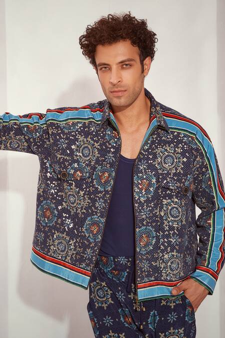 Buy Nikita Mhaisalkar Blue Georgette Mosaic Print Bomber Jacket Online at Aza Fashions Buy_Nikita Mhaisalkar_Blue Georgette Mosaic Print Bomber Jacket _Online_at_Aza_Fashions